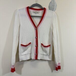 LOFT Women’s Tipped Puff Sleeve V-Neck Cardigan Knit Sweater Size XS